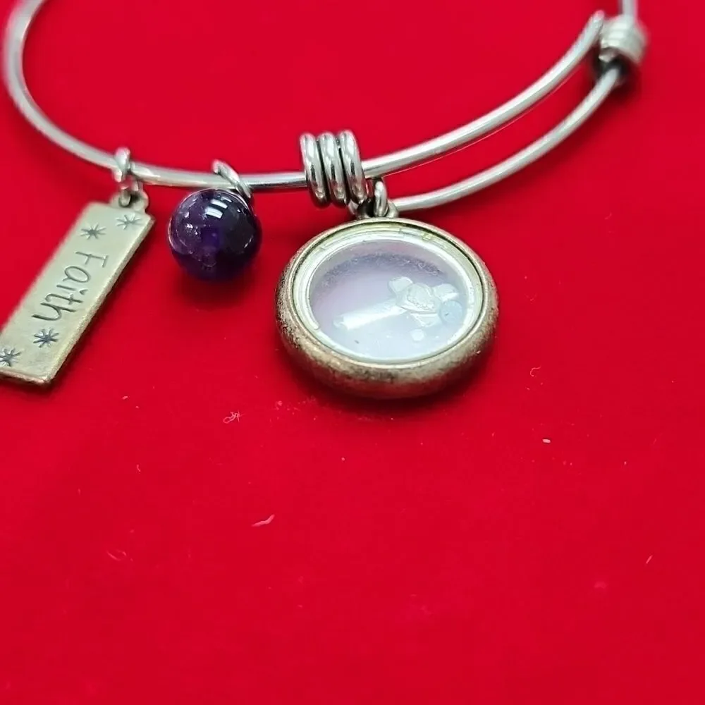 Faith Purple Cross Rhinestone Silver Bangle Bracelet